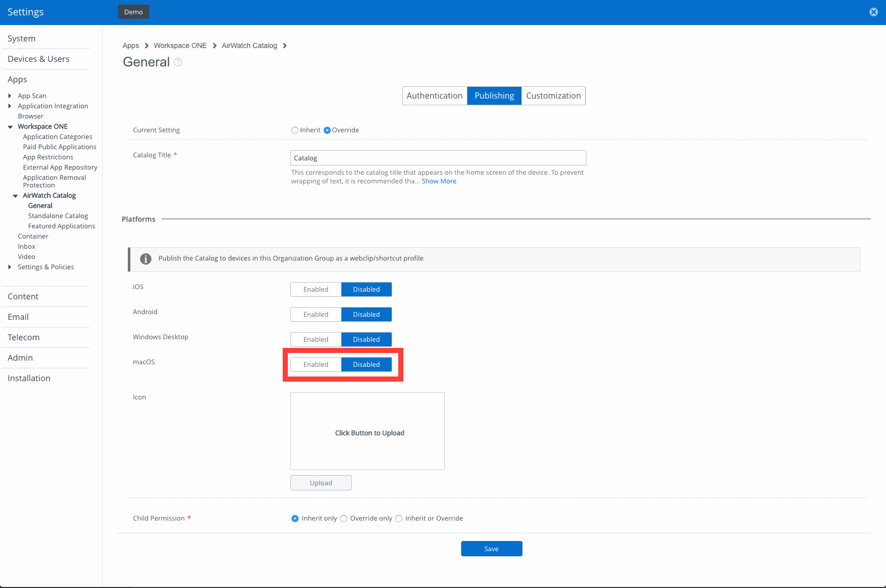 AirWatch - Disable AirWatch Catalog